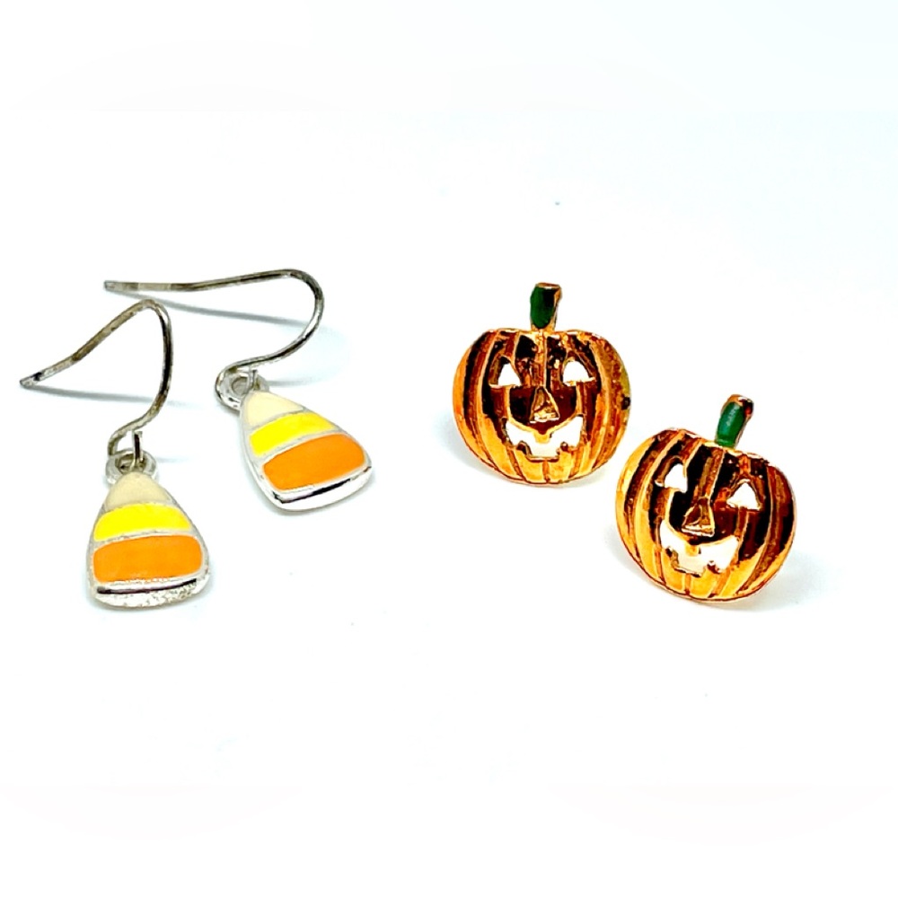 Vintage Halloween Pumpkin Jack o Lantern Stud & Candy Corn Drop Earrings Bundle